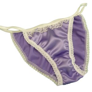 Lilac satin tanga ivory trim